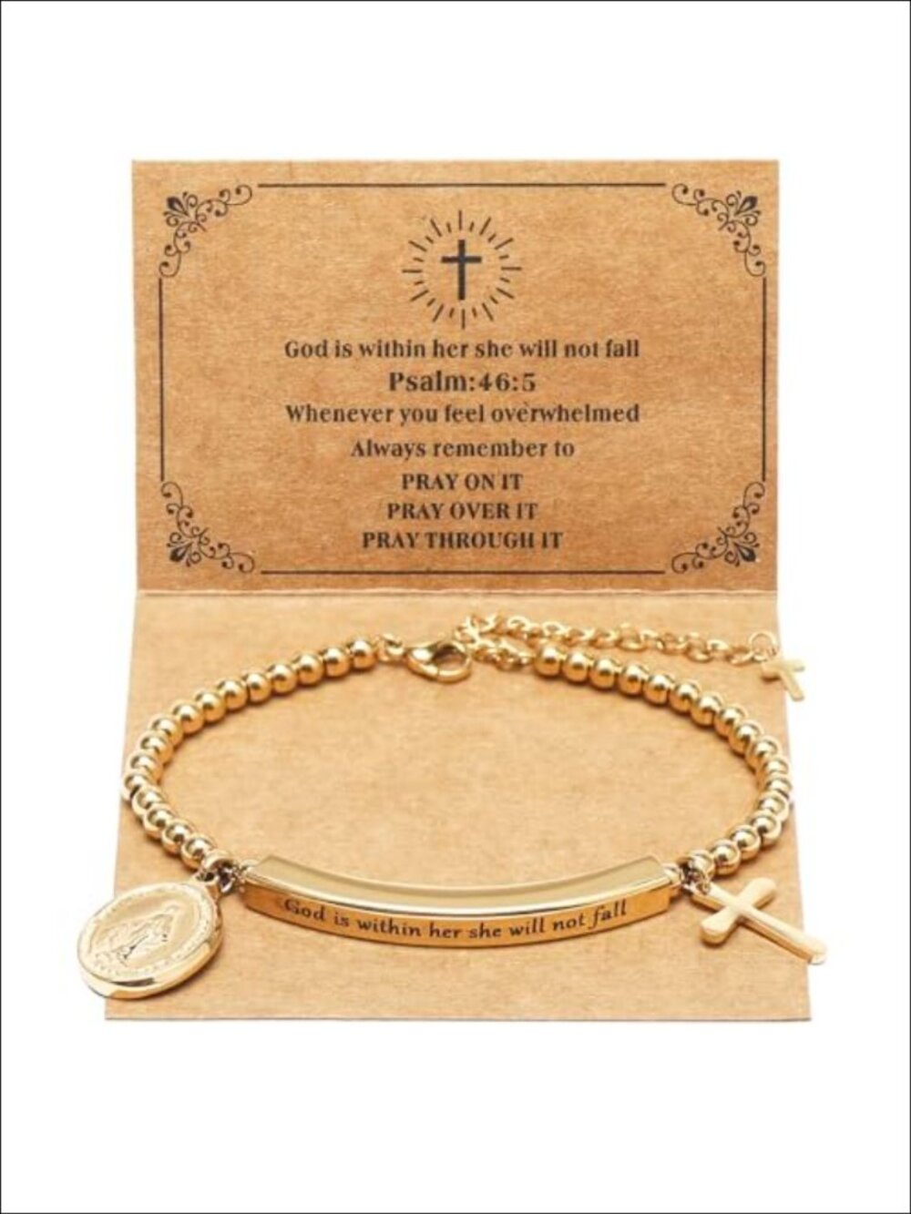 Stainless Steel Christian Cross Charm Bracelet Engraved Inspirational Religious